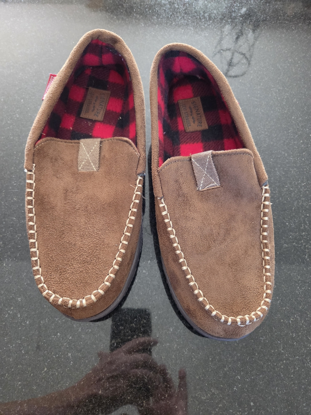 Signature Brown Suede Slip-On Loafers with Red Plaid Lining